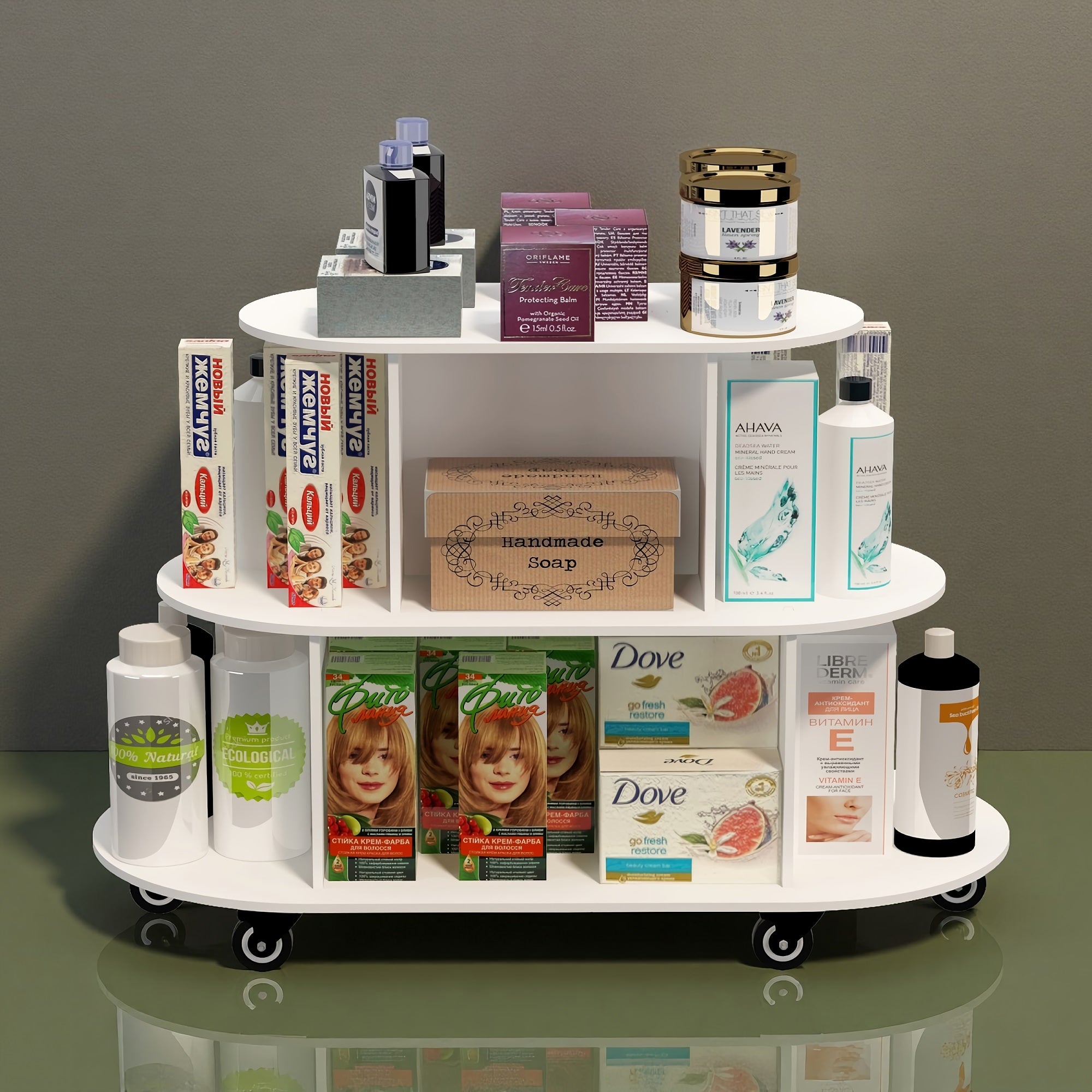 3-Tier Rotating Display Cart, Multifuctional Mobile Stand with 360° Rotating Wheels for Cosmetics, Toiletries, Household Items (Oval) 3-Tier Rotating Display Cart, Multifuctional Mobile Stand with 360° Rotating Wheels for Cosmetics, Toiletries, Household Items (Oval)